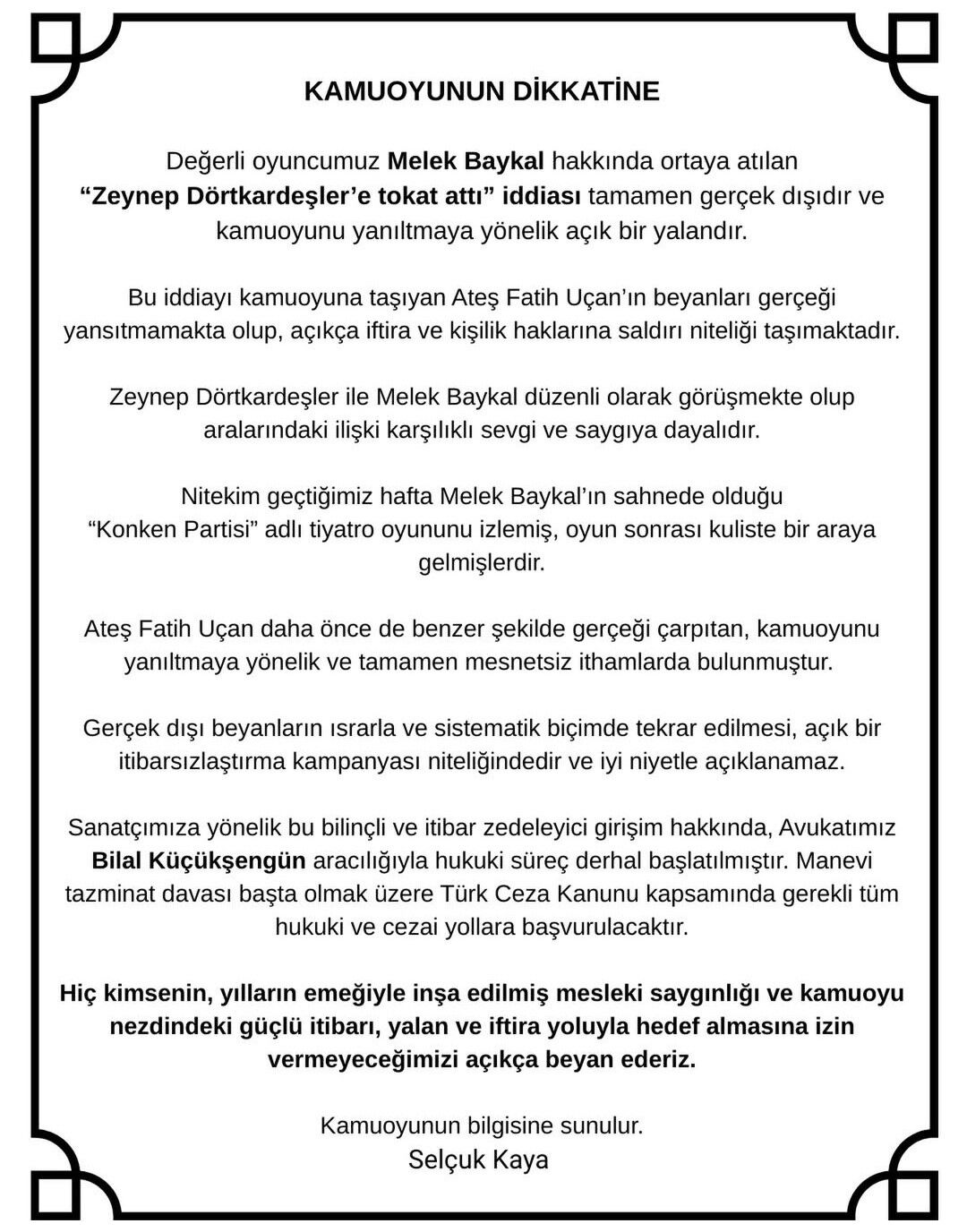 Ünlü Oyuncu Melek Baykal’dan Hakkındaki İddialara Hukuki Hamle!